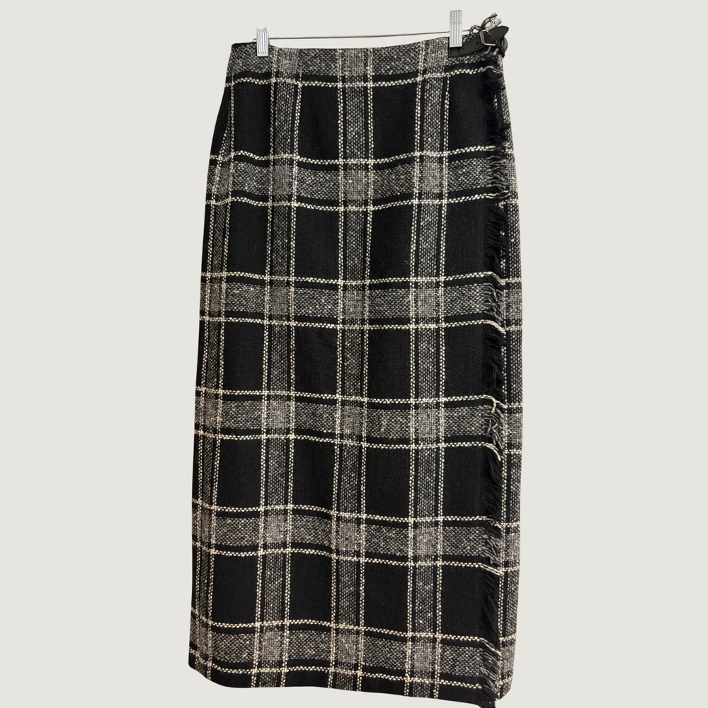 Talbots Wrap Skirt 10 Black Plaid, Wool, Italy, Classic, Winter, Old Money